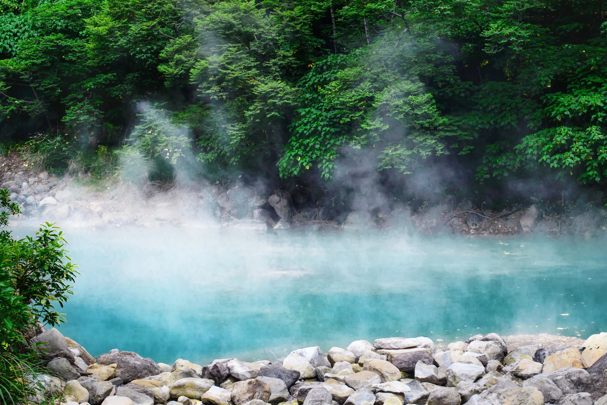 北投地熱谷乳白色溫泉水面升起蒸氣，四周環繞青綠山林